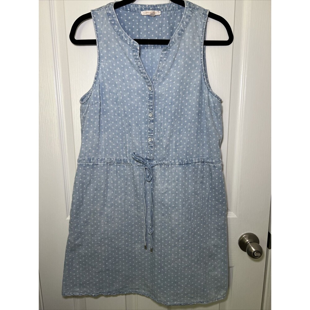 Skies Are Blue Sleeveless Dress Medium Chambray Polka Dot Buttons Cinch Waist